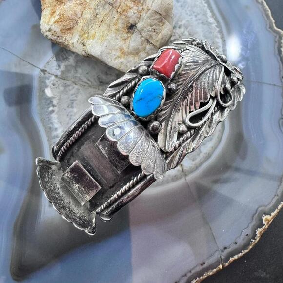 Vintage Native American Sterling Turquoise/Coral Decorated Watch Cuff For Women